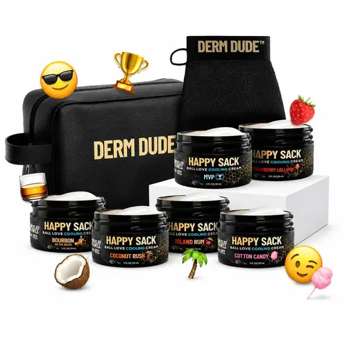 Men's Skincare 6-Pack Sack Set - Best Value Top Scents (New Cotton Candy, Strawberry Lollipop, MVP, Coconut Rush, Island Rum, Bourbon) + Free Leather Travel Bag + Free Sack Scrubber- Clinically Proven Odor Elimination with DeoPlex