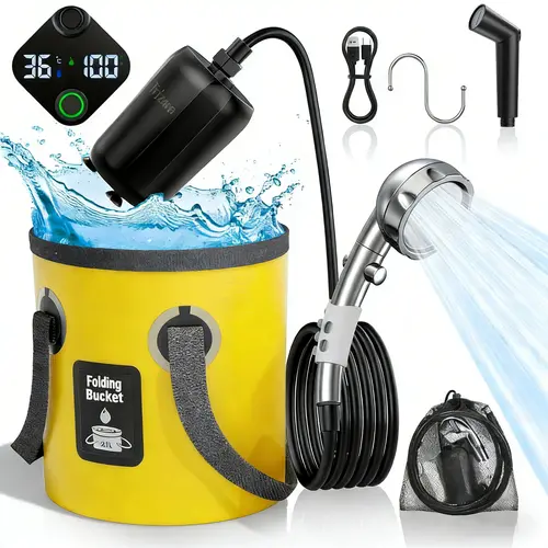 Compact Outdoor Camping Shower Kit, Rechargeable Showerhead with Batteries, LED Display, Adjustable Head & Collapsible Bucket for Camping, Pet Washing,sohochic