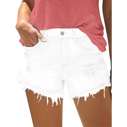 onlypuff Women's Basic Minimalist Ripped Mid-Waisted Denim Shorts with Pockets - High Waisted for Comfy Fit, Casual & Party Jorts, Women's Bottoms