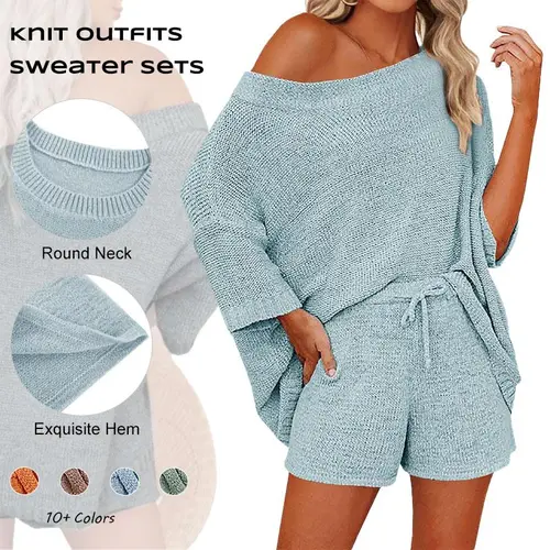 【New】Imily bela Women's 2 Piece Outfits Sweater Sets Off Shoulder Knit Top Shorts Matching Suits Cute Pajama Lounge Set