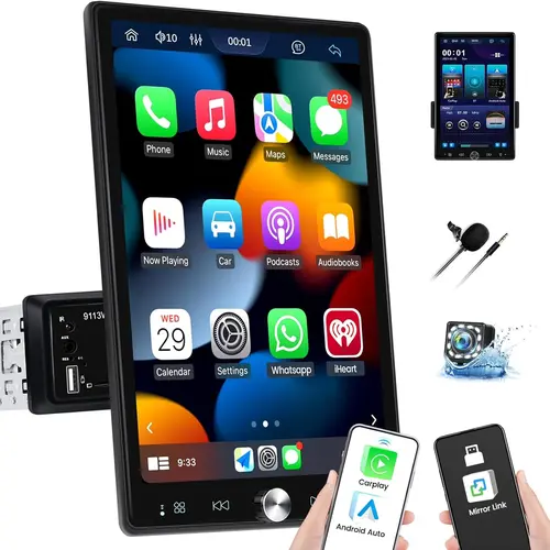 10.4 inch Single Din Car Stereo with Wireless Carplay Android Auto, 1080P IPS Vertical Touch Screen,5.2 Bluetooth, 12LED Backup Camera,FM Radio,USB/AUX,Mirror Link,SWC,SummerVibes, Wireless Carplay Screen, Car Screen Carplay,toolupgrade