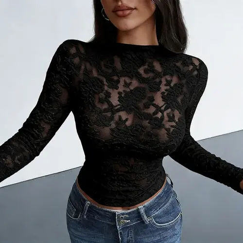 Women's Breathable Mesh Long-Sleeve Lace Blouse - Sheer Round Neck Floral Piece, Elegant 2026 Fall Party Club Chic Womenswear Top Longsleeves Style