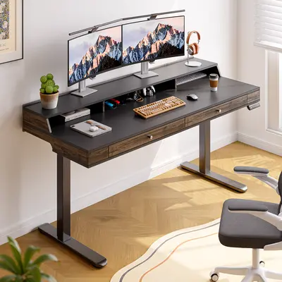 【SummerFinds】ONBRILL Standing Desk with Drawers, 63x23.6 Electric Stand Up Desk with Storage Shelf and Memory Controller, Sit Stand Desk Adjustable Height from 28-46" for Computer Workstation