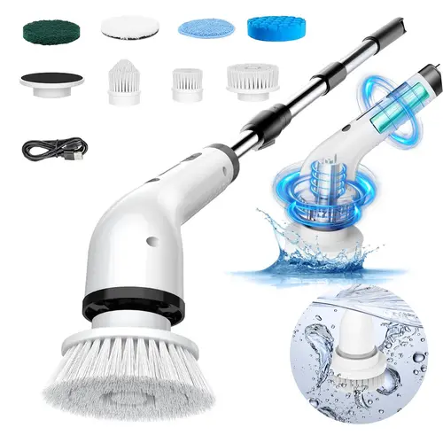 Cordless Electric Spin Scrubber - IPX7 Waterproof Powerful Cleaning Tool, USB Rechargeable Household Kit with Adjustable Speed, Extendable Handle, Long Battery Life, Handheld Brush for Bathroom, Kitchen