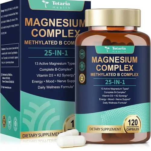 Totaria 25-in-1 Magnesium Complex with Methylated B Complex, Vitamin D3 & K2, 120 Vegan Caps for Relaxation, Energy & Nerve Support
