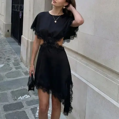 Cut Out Lace Dress Woman Asymmetric Sexy Party Dresses Cape Sleeve Women's Evening Dress Slit Luxury Black Brown Dress Satin Prom Gala Dress Cap Sleeve Gown