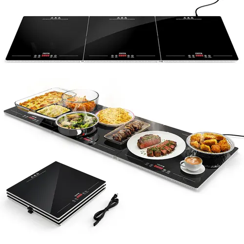 FEPPO 2026 Electric Warming Tray - Extra Long 47in x 15in Kitchen Appliances with Independent Temp & Timer Control, 10 Temp Settings, Tempered Glass, Child Lock, Modern Design for Family Meals, Gatherings