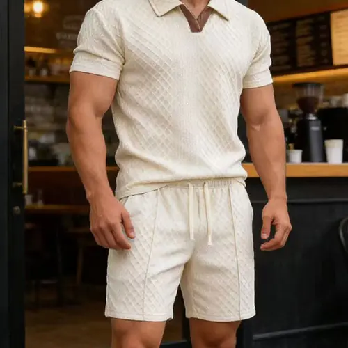 Men's 2-Piece Summer Casual Sports Set - Shortsleeve Breathable Jacquard Fabric Polo Shirt & Shorts, Beige Menswear Clothing Set,sohochic