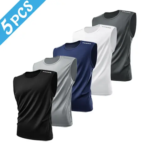 Men's Trend 5-Pack Fitted Plain Quick Dry Breathable Fabric Upper Body Sleeveless Sports T-Shirts - Round Neck, Reflective Decoration, Ideal for Daily Fitness Training,sohochic