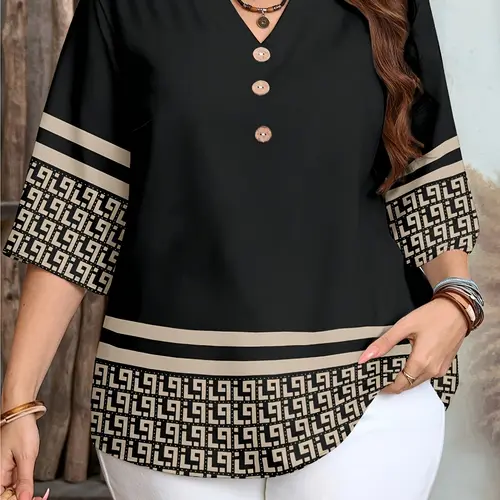 Plus Size Women's Vintage Button Front Casual Shirt, Summer Bohemian Style, Fashion Women's Blouse for Country Vacation, Tops