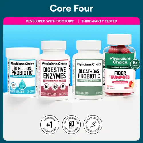 Physician's Choice Core 4 Bundle: Advanced Gut Health Support with Fiber Gummies + 60 Billion Probiotic + Digestive Enzymes + Bloat & Gas Probiotic