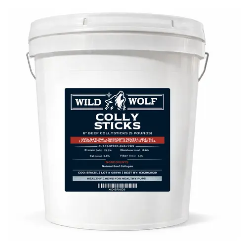 6" Beef CollyStick Bucket by Wild Wolf (5lbs./~85-95 Sticks) 100% Natural Dog Chew Treats - Single-ingredient - Loaded with Nutrients - No Additives or Unhealthy Chemicals - Stick Count Varies by Weight