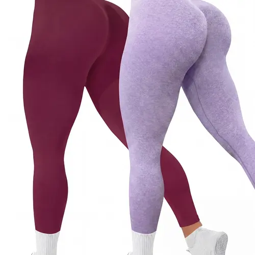 Women's 2-Piece Seamless Knitting Workout Outfit Inspo - QGU High-Waisted Athletic Leggings, Solid Color Hip-Lifting Athletic Stretchable Activewear for Gym, Lower Body Workout, Size M, Sports Stretchy Leggings,sohochic