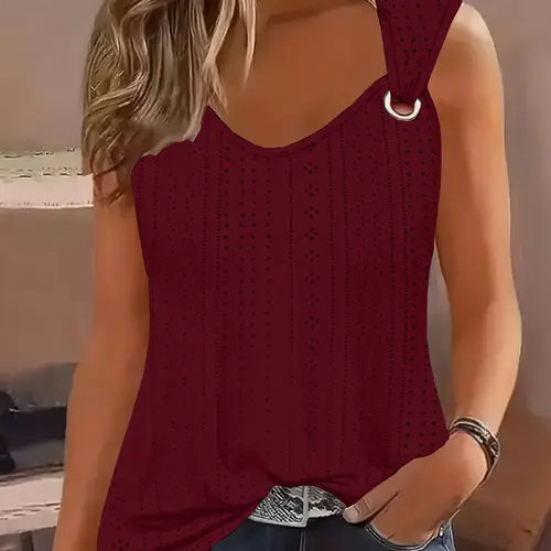 Plus Size Loose Fit Sleeveless Backless Camisole Top with Metal Ring Decoration, Hollow Out Backless Vest, Fitted Slimming Design, Casual Style Basic Summer Wear Womenswear Solid Apparel, Casual Comfy Cami, Casual Sleeveless Tops