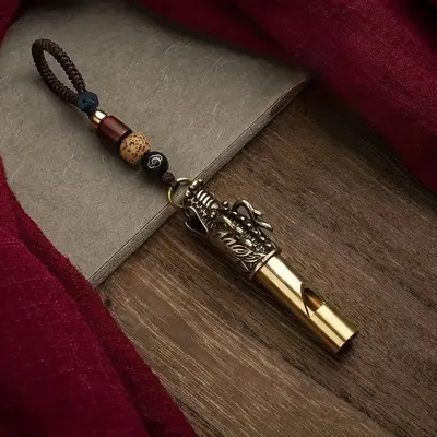 Durable Brass Outdoor Survival Whistle - Compact Survival Supplies with Built-in String, Traditional Chinese Motif, Keychain-Ready, Car Accessory, Unique Gifts for Man, Ideal for Emergency Signaling, Decorative Pendant, Car Accessories