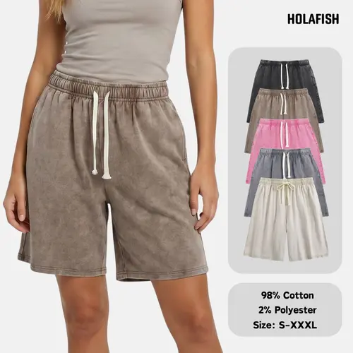 Holafish Unisex Acid Wash Casual Shorts, Relaxed Fit Elastic Waist Drawstring Shorts with PocketsBack To School