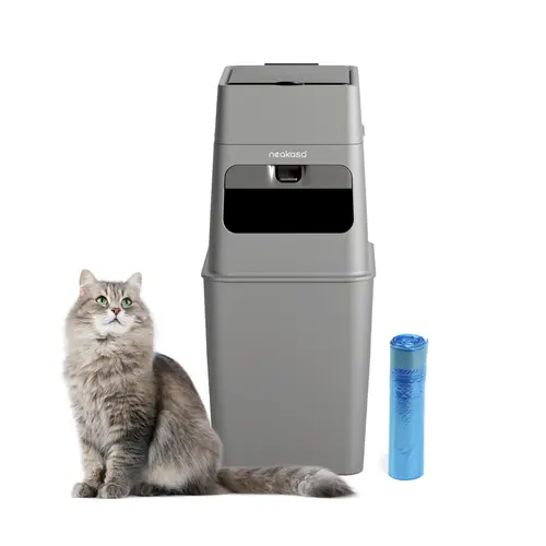 Neakasa PooGuard Closed Box Litter Waste Receptacle - 9.2L Trash Can, Plastic Body, Litter Box Replacement, Viewing Window, Wider Opening, Grey + 3 Refills, 4-Month Refill Pack & Liners for Pet Waste