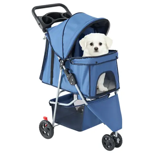 Sweetcrispy 3-Wheel Pet Stroller, 360° Swivel Front 6.3" Smooth Wheels, Oxford Fabric Breathable Mesh Carrier Bag, 11 lbs Lightweight Metal Frame, Waterproof Foldable Design, Storage Basket, Cup Holder Ready, Ideal for Small/Medium Dogs & Daily Park Walks