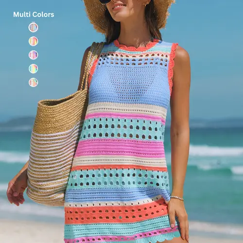 POPVIL Women’s Color Contrast Crochet Knit Swim Cover-Up Dress, Swimwear Coverups for Beach Outfits, Vacation-Ready, Women's Clothes, Clothes For Women, Swimsuit Coverup, Bathing Suit Coverup
