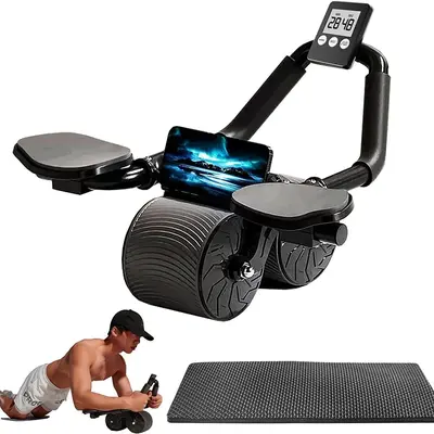 YICF Anti-Slip Abs Roller Wheel with Smart Rebound Dual-Wheel Design, Built-In Brake System, Digital Timer, Phone Holder, Anti-Slip Layers, Eco-Friendly Build for Core Muscle Training, Total Body Fitness Equipment
