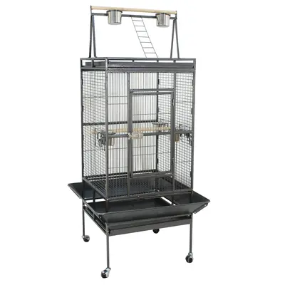Segawe 68-in Tall Wrought Iron Parakeet Cage - 2-in-1 Playtop Roof, 4-Wheel Rolling Stand for Easy Movement, Stainless Steel Bowls, Wood Accent, 44lbs, 21.3-in Door Access, 31.1-in L x 29-in W x 68-in H for Small-Medium Parrots, Cockatiels, Parakeet Cages
