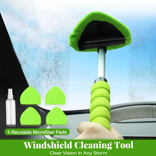 Windshield Cleaner Tool with 4 Washable Microfiber Pads Extendable Handle Anti-Fog Car Window Cleaning for Glass Mirror