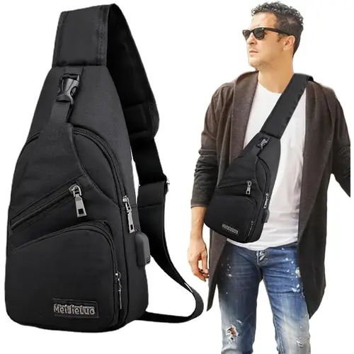 Men's Waterproof Oxford Sling Chest Bag – Casual Waist & Crossbody Bag with USB Port & Headphone Jack, Adjustable Straps, Lightweight Hands-Free Daily Storage, Ideal for Travel, Hiking & Commuting, Durable Multi-Pocket Design