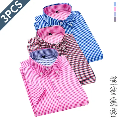 Men's Fitted Short-Sleeved Collared Button-Front Shirt - Business Formal Top, Striped or Solid Colors, Summer Everyday Wear, Father's Day Gifts