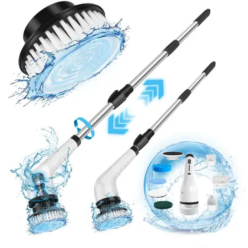 Cordless Electric Spin Scrubber - IPX7 Wet-Area Safe Deep Clean Tool, 8 Washable Replaceable Heads, 3 Adjustable Extension Rods, 2-Speed, 100-Min Battery, High-Power Motor Lifts Tough Grime, Tub & Tile Ready Portable Cleaner for Bathroom, Kitchen