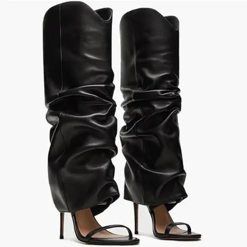 EROCALLI Leather Luxe Cuffed Knee High Open Toe Stiletto Boots for Women, Pull On Wide Calf Footwear, Party Statement Shoes, Fashion Dress High Heels, Pairs With Dresses, Skirts, Or Jeans,sohochic
