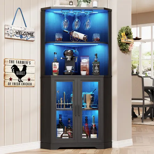 BROTTAR Corner Bar Cabinet with LED Lights, 65" Tall Wine Cabinet with Glass Holder & Tempered Glass Door, 4-Tier Liquor Alcohol Cabinet & Coffee Bar with Human Body Sensor for Dining Room, Black