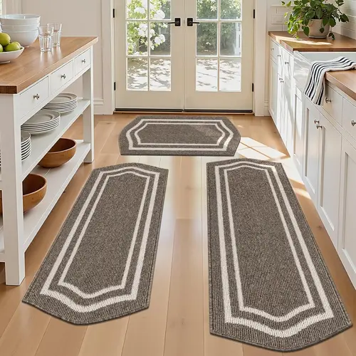 LOKHOM Farmhouse Rug Style Set of 3 Non-Slip Floor Mats - Heavy Duty, Water Absorbent, Machine Washable, Exquisite Edge, Vintage Accent for Kitchen, Laundry - Sizes: 20"x32", 20"x48", 20"x59" Geometric Rug Set