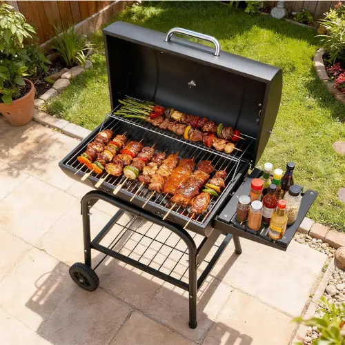 Karlhome Portable Traditional Steel Charcoal BBQ Grill with Side Shelf, Large Cooking Surface, Temperature Gauge, 2 Wheels, Rack – Outdoor Barbecue for Patio, Camping