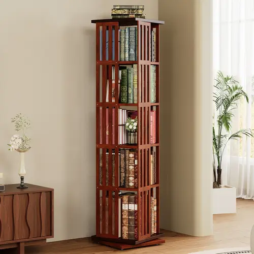 【360 Rotating w/Drawers】 IRONCK 60" 5-Tier Bamboo Wooden Bookshelf, Adjustable Ergonomic Shelves, Spinning Storage Rack for Living Room, Dorm Essentials