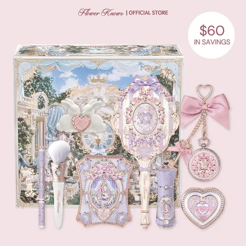 Flower Knows Sweet Routine Set, Bunny Garden 9-Piece Full Face Vintage Makeup Set, Palette, Embossed Blush, Gel Eyeliner, Brush, Lip Balm, Mirror, Pearl Beauty Products, Gift for Girly Girls, #sohochic