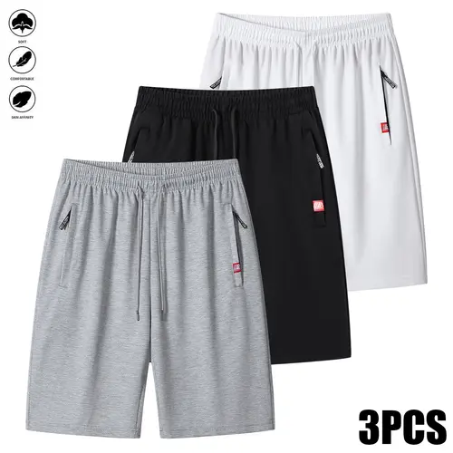 Men’s 3-Piece Fitted Casual Athletic Shorts Set - Synthetic Soft, Lightweight, Breathable Fabric, Zippered Pockets, Drawstring Waistband, Suitable for Summer Running & Everyday Wear, 3-Piece Set