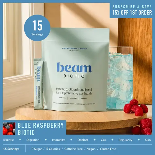 NEW! Beam Biotic Superblend Gut Health Vitamins - 15 Servings Single-Serve Sticks, Dietary, Gluten-Free, Dairy-Free, Bloating Relief, Gut Support, Mixed Berry/Blue Raspberry/Citrus Lemonade Flavors, Pre+Pro+Postbiotics+Glutathione | Back to school