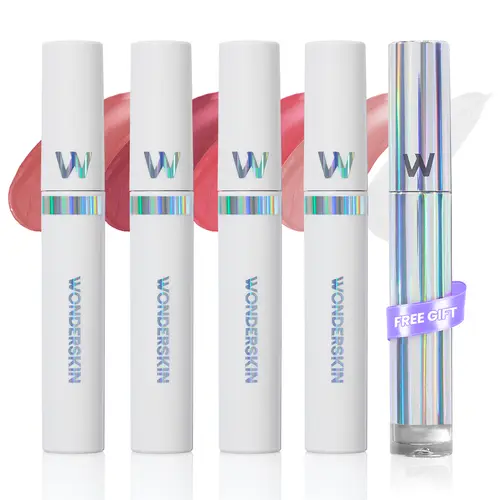 Wonderskin Icons Set – 4 Bestselling Lip Stain Masques (Whimsical, Charming, Lovely, XOXO) Long-Lasting No-Fade Color + FREE Top Gloss