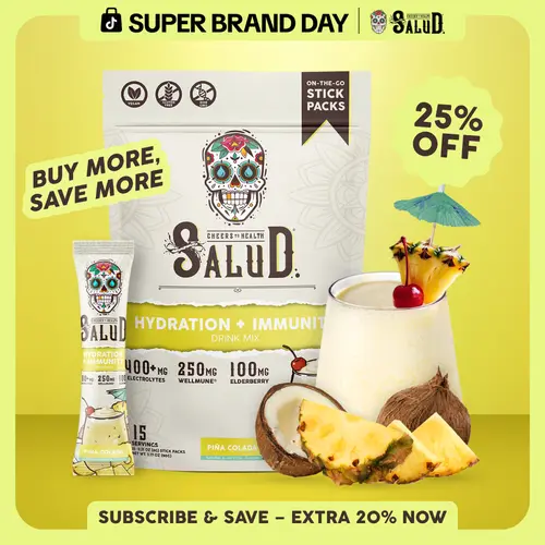 Salud 2-in-1 [Hydration + Immunity - Piña Colada] Electrolytes Powder, Agua Fresca Drink Mix, Elderberry, Dairy & Soy Free, Non-GMO, Gluten Free, Vegan, Low Calorie, 1g Sugar (15 Servings)