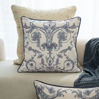 Ox Bay Blue/Ivory Damask Recycled P.E.T. Throw Pillow, 24"x24"