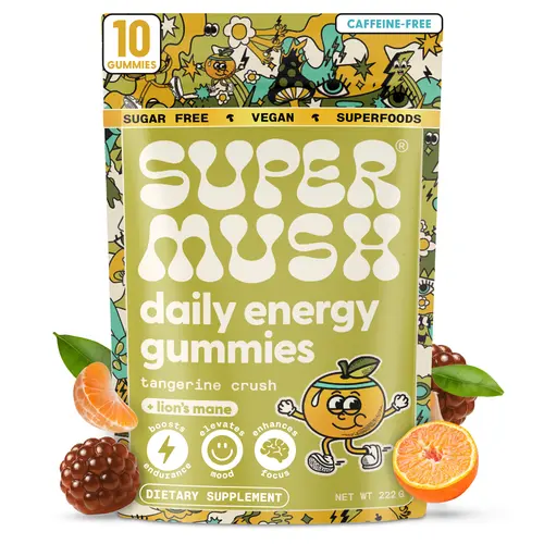 SuperMush Daily Energy Mushroom Gummies Trial Pack (10 Gummies) - Organic Lion’s Mane & Cordyceps Mushroom for Energy, Focus, Stamina, Stress Reduction - Vegan, Sugar Free Nootropic Gummies - Functional Mushroom Supplement