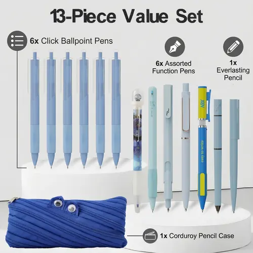 Rarler 13 PCS Smart Pen Set with Monster Pencil Case 8 Unique Types 1 Twist 1 Everlasting 1 Grip 1 Click 1 Retractable 1 Agile 1 Erasable Gel 6 0.5mm Ballpoint Pens for School Study Exams, School Supplies, Unique Styles, Back To School Hauls, First Day Sc
