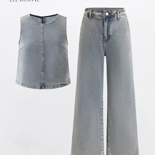 Elengatine Viral Denim Two Piece Set for Women | Sleeveless Crop Top & High Waist Wide Leg Jeans Outfit | Soft Washed Denim, Relaxed Fit & Flattering Silhouette | Inclusive  | Effortless Chic Matching Set | Perfect for Spring Summer, Daily Wear BTN128,sum