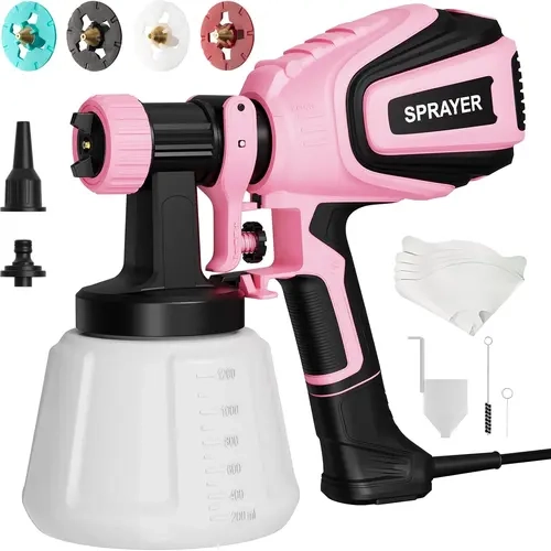 VONFORN Pink Handheld HVLP Paint Sprayer, 700W Gun with 4 Nozzles (1mm, 3.0mm, Needle), 3 Patterns, Blow/Clean Joints, Fast Pipe Cleaning, for Furniture, Cabinets, Walls,toolupgrade