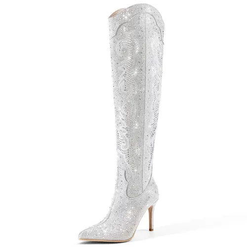 RONILURN Women's Crystal Sparkly Over-the-Knee High Boots - Stiletto Heels for Women, Party-Style Pointed-Toe Bling Boots with Fabric Upper & Rubber Sole,sohochic