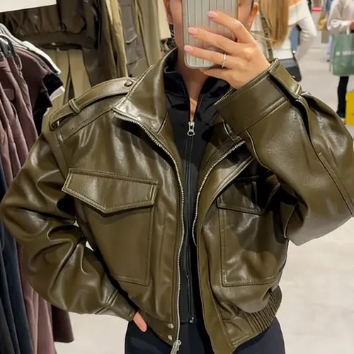 Women's Cropped Bomber Jacket Demi-Season Faux Leather Jacket Long Sleeve Green Black Jacket Women's Moto Biker Zipper Jacket Street Short Coat Outerwear Aviator Jackets