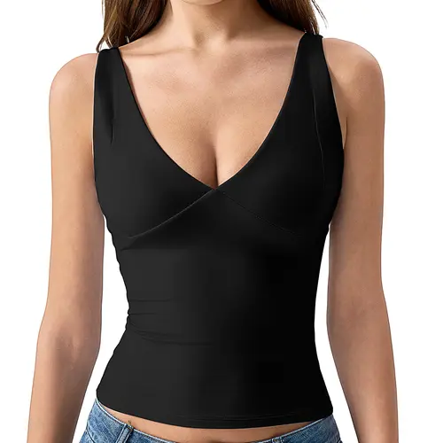 QINSEN Womens Double Lined Tank Tops Sexy V Neck Seamed Cup Adjustable Spaghetti Straps Camisole Shirts