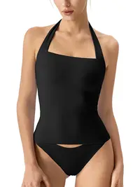 QINSEN Sleeveless Tank Shirts for Womens Double Layer Slimming Fit Basics Square Neck Halter Top