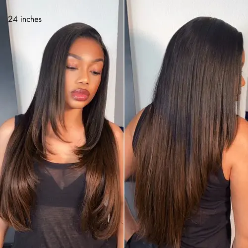 LUVME Human Hair HD Lace Closure Wig, Ombre Brown-Natural Black Layered Yaki Straight, 7x6 Pre-Cut Lace, Adjustable Glueless, All-Day Wear Straight Length Flicky Blowout (TikTokShopBackToSchool, SohoChic)