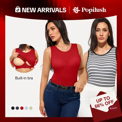 Popilush Women's Sleeveless Tank Top with Built in Bra, Burgundy Fitted Crew Neck Crop Top, Soft Stretchy Casual Workout Shirt for Summer